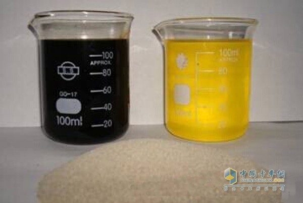 劣質(zhì)柴油脫色前后對(duì)比（左:脫色前，右:脫色后）