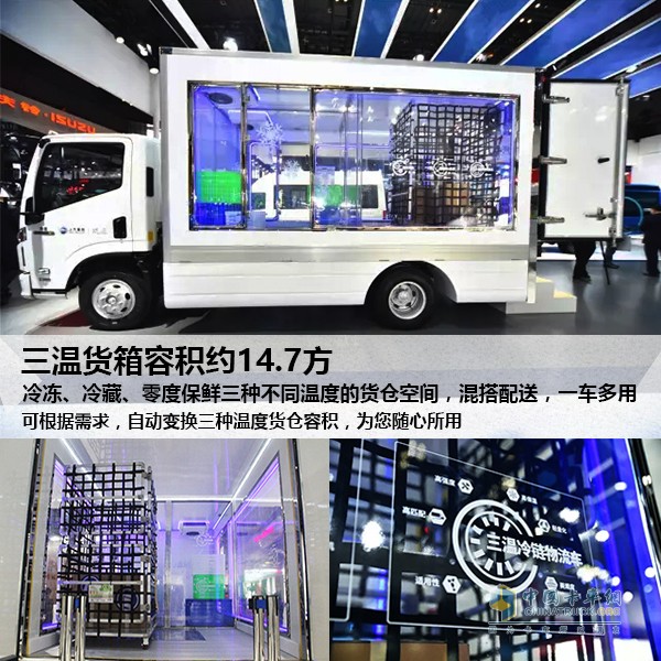 這臺躍進C300-33三溫冷鏈車采用透明玻璃貨廂，并使用聚氨酯泡沫作為廂體材料，導熱差、隔熱好、強度高就是它的優(yōu)勢所在。不僅如此，貨廂采用的是模塊化設計結合半自動化拼裝工藝，有效確保廂體密封。