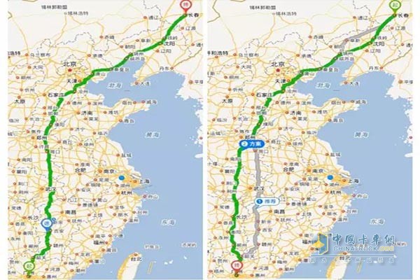 東風(fēng)天龍旗艦與進(jìn)口車(chē)型各自承載35噸電商物品，行車(chē)路線(xiàn)