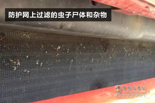冷凝器前端的空調(diào)防護網(wǎng)上過濾的蟲子尸體和雜物