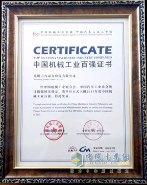云內(nèi)動(dòng)力再次榮獲“中國(guó)機(jī)械工業(yè)百?gòu)?qiáng)企業(yè)”稱號(hào)