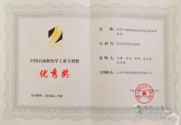 玲瓏輪胎榮獲2018年度“石油和化工行業(yè)專利獎(jiǎng)·優(yōu)秀獎(jiǎng)”