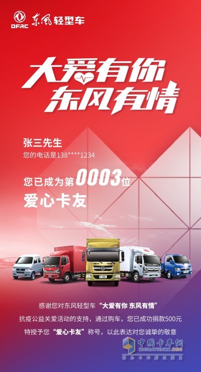 獲得“愛心卡友”榮譽稱號，并成為東風(fēng)兄弟俱樂部會員