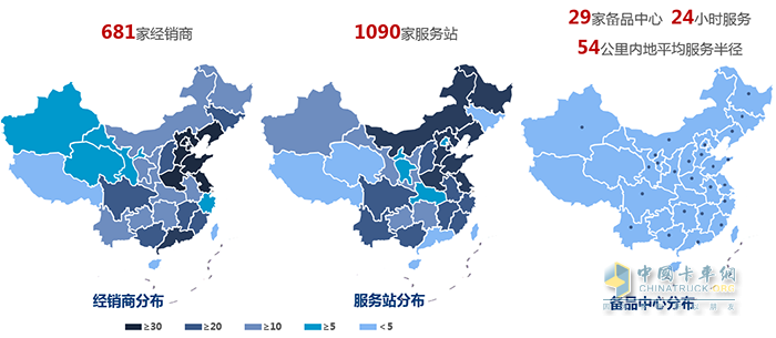 一汽解放現(xiàn)有近700家經(jīng)銷商，千余家服務站，29家備品中心