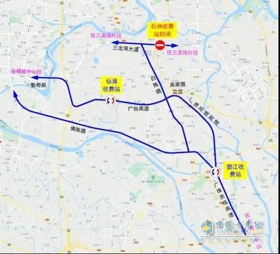 禪桂中心區(qū)、三龍灣片區(qū)往返大良、中山的車輛繞行路徑