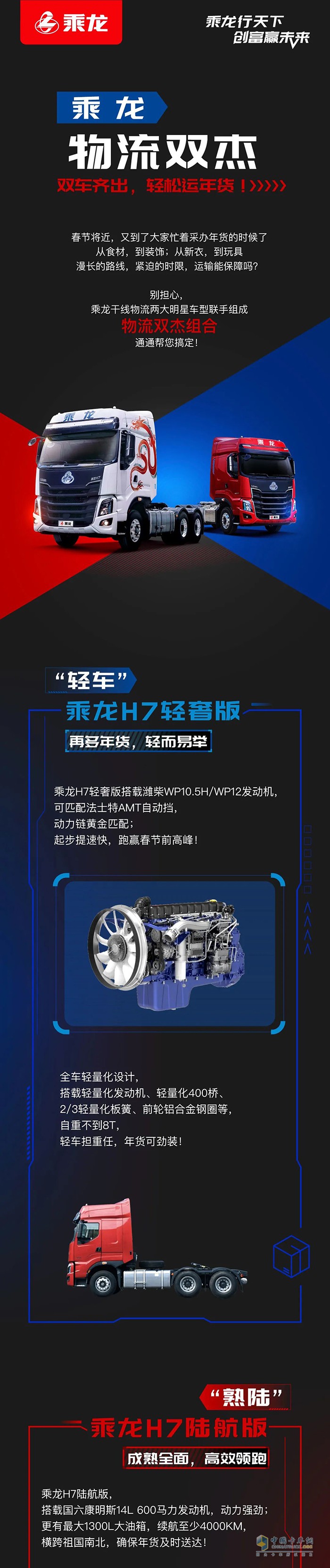 物流雙杰-乘龍H7輕奢版&H7陸航版，攜手助力輕松運(yùn)年貨