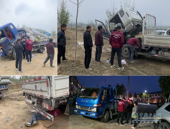 江淮1卡運通服務站站長和維修技師正在為黃師傅的車輛進行保養(yǎng)