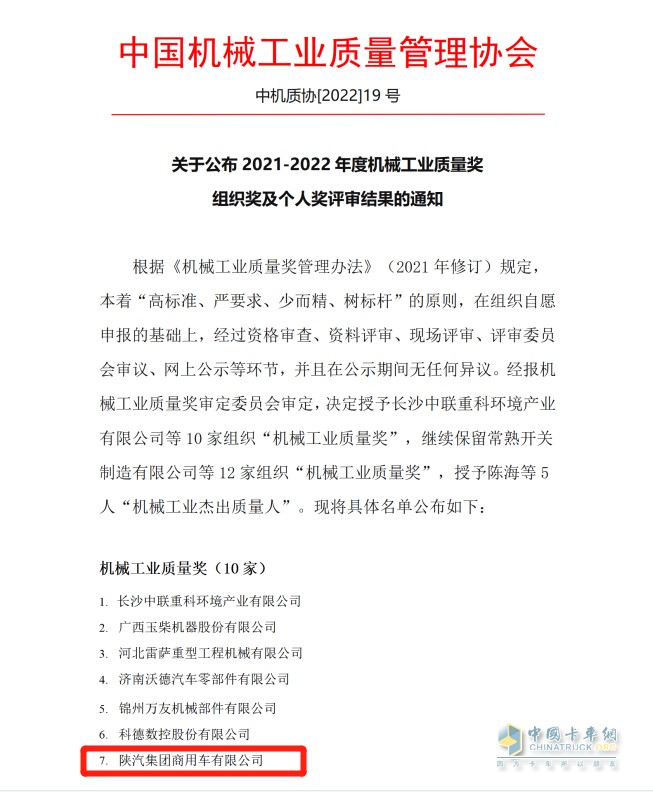 2021-2022年度機(jī)械工業(yè)質(zhì)量獎(jiǎng)組織獎(jiǎng)及個(gè)人獎(jiǎng)評審結(jié)果
