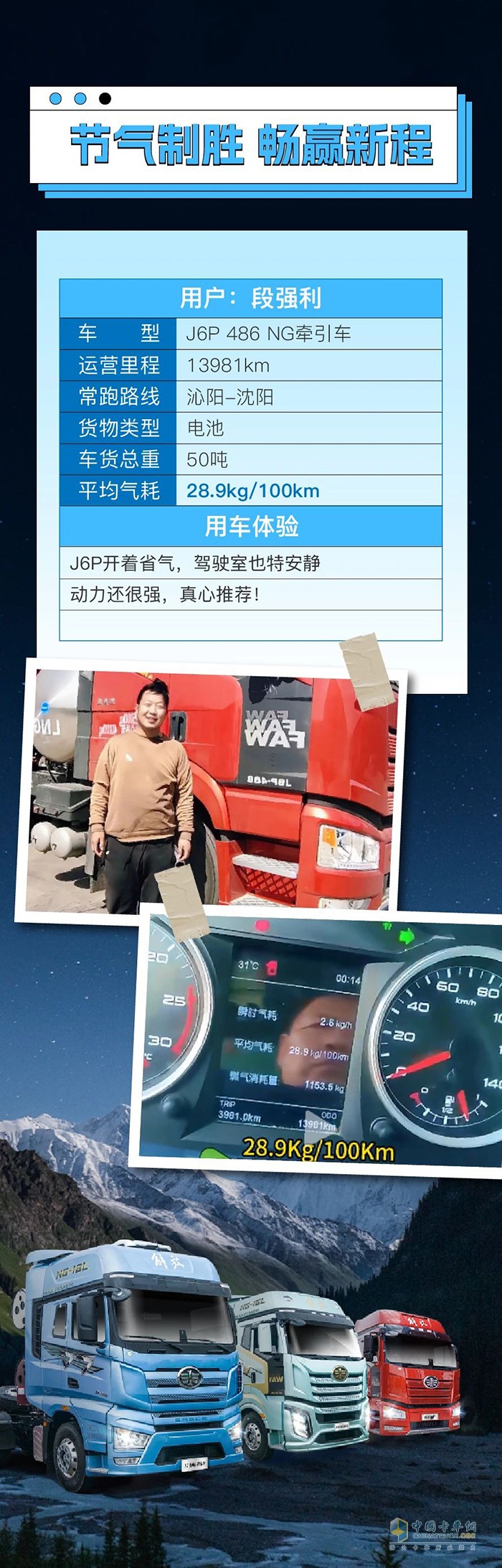 百公里氣耗28.9kg！一汽解放J6P助力段師傅笑傲創(chuàng)富路