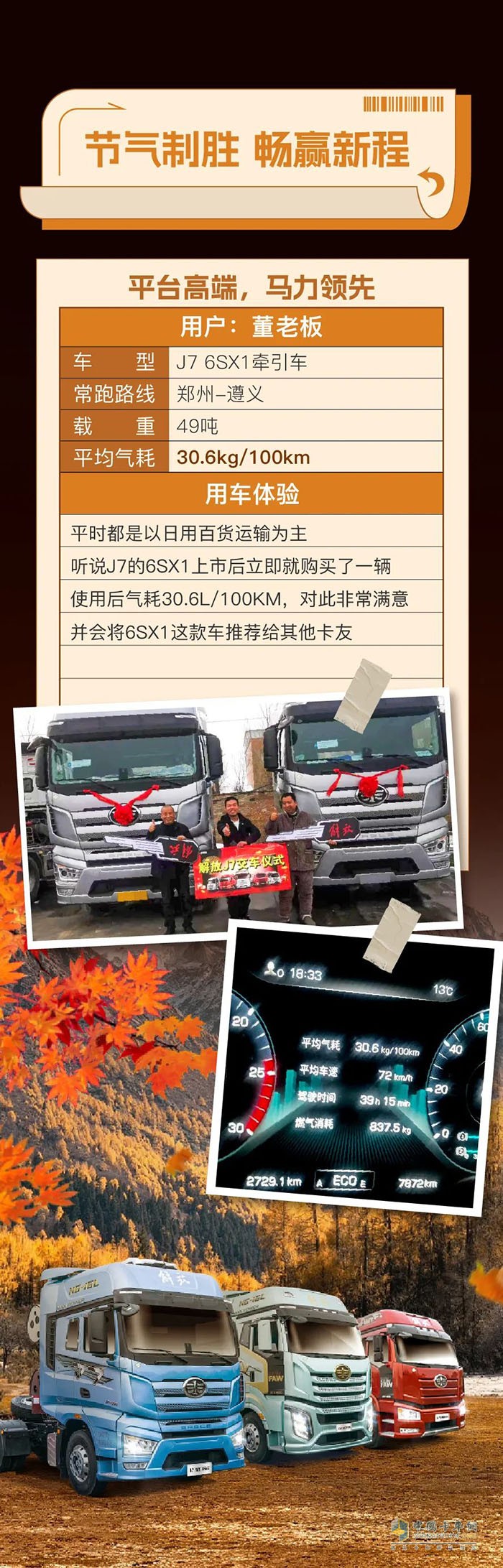 百公里氣耗30.6kg！一汽解放J7 6SX1牽引車(chē)助力董老板笑贏致富之路
