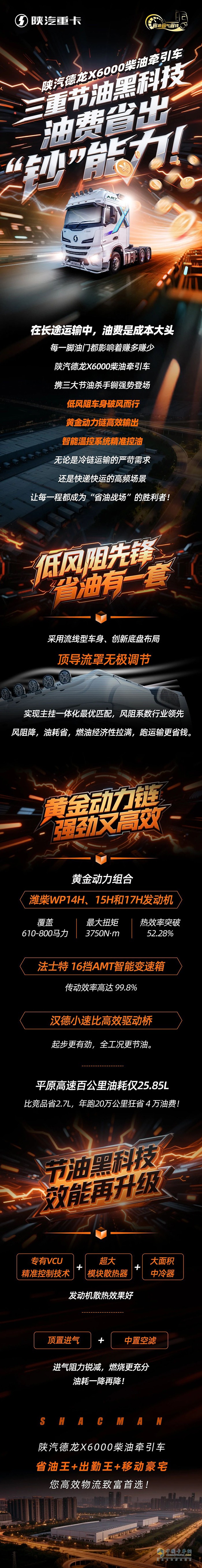 陜汽德龍X6000柴油牽引車，三重節(jié)油黑科技，油費省出“鈔”能力！